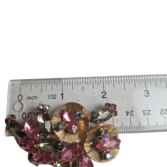Vintage HOBE Pink Smokey Grey & Blue AB Rhinestone Gold Tone Brooches 2.25"... - Picture 7 of 7